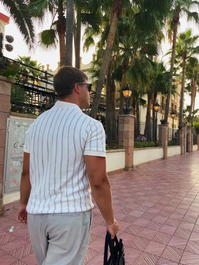 Walking down a palm-lined avenue in the late afternoon light, seen from behind.