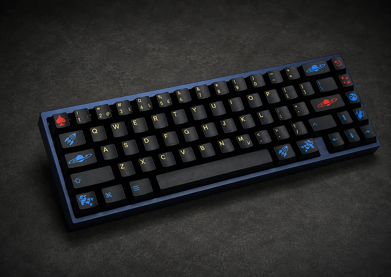 Three-quarter view of the assembled Neo65 with a navy case, dark keycaps, yellow legends and blue novelty icons.